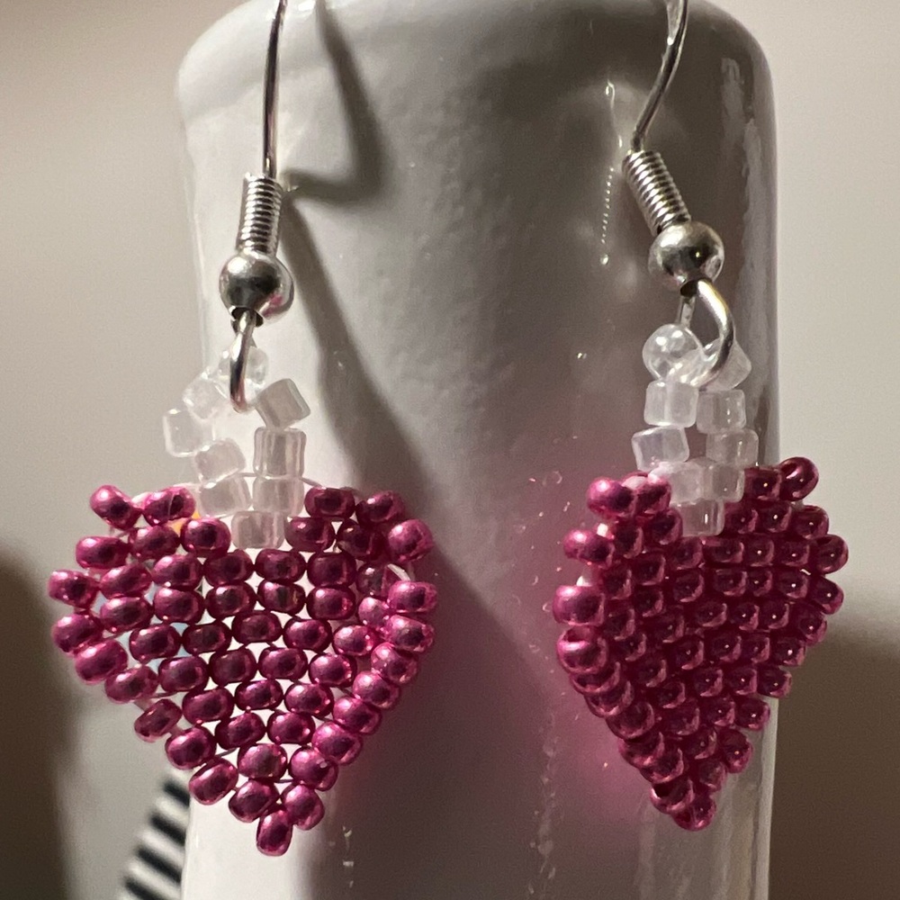 Elegant Pink Beaded Heart Earrings